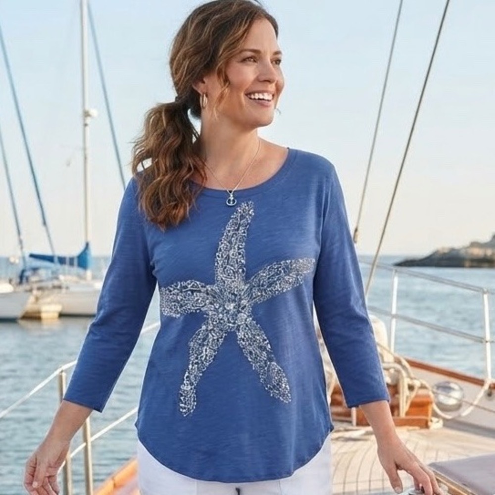 Fresh Produce Blue Starfish Graphic Slub Cotton Top 3/4 Sleeve Made in USA M